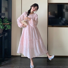法式流苏粉色连衣裙女春秋2025新款桔梗初恋温柔风少女感甜美长裙，女装连衣裙，2C272