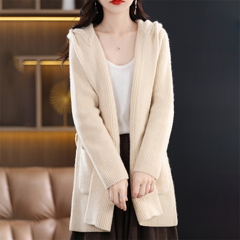 2025年秋季新款连帽腰带针织女士开衫舒适休闲通勤百搭，女装针织衫/毛衣，暮绒羊羊绒