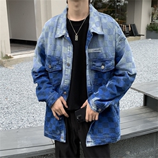 高品质秋款男牛仔夹克棋盘格字母贴边渐变色休闲外套JK49P70，男装夹克，星座1013-1