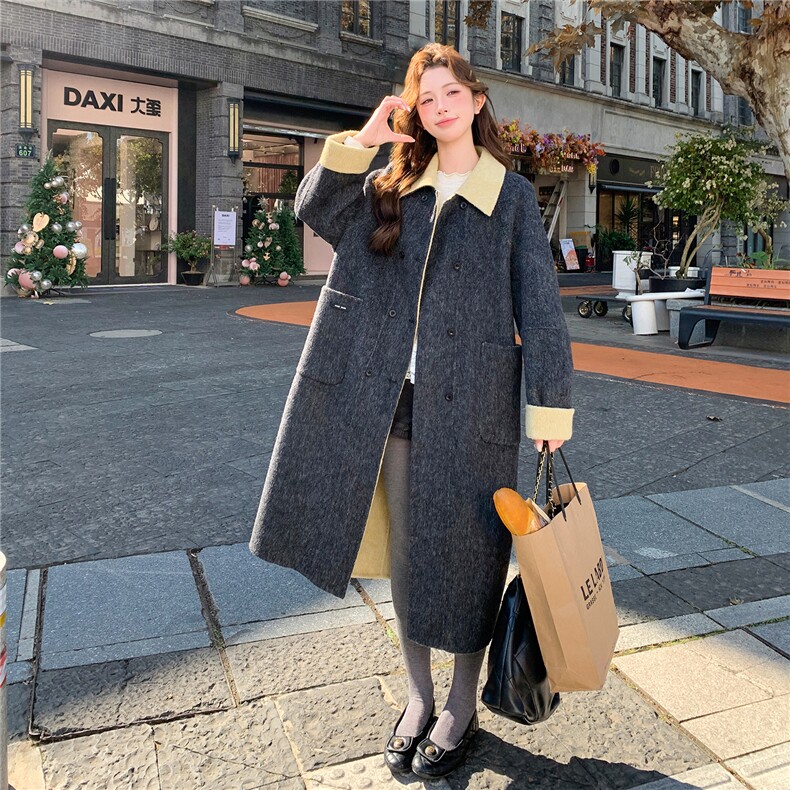灰色复古围巾双面羊毛大衣女2025冬季新款韩系慵懒风长款毛呢外套,女装羊绒大衣,2B109