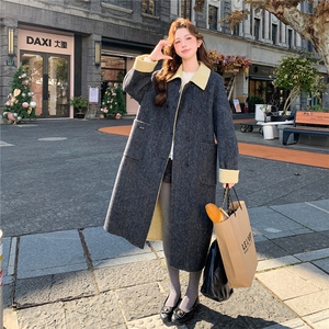 灰色复古围巾双面羊毛大衣女2025冬季新款韩系慵懒风长款毛呢外套图片