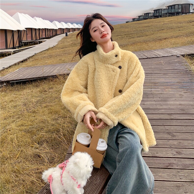 羊羔毛外套女冬宽松保暖皮毛一体，女装羊羔毛/颗粒绒，浙宝131