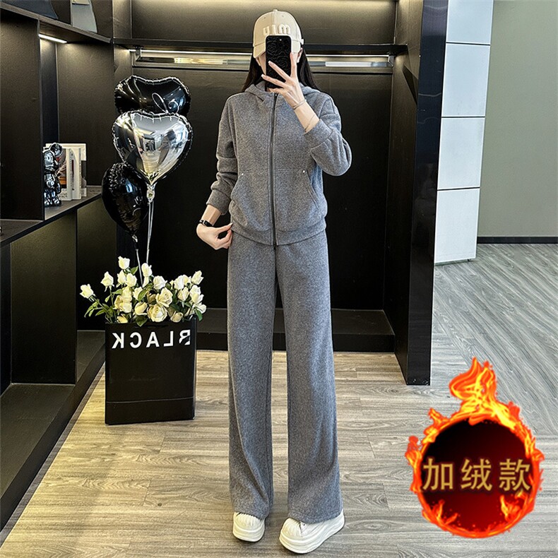 设计感纯色拼接收腰卫衣阔腿裤两件套，女装套装/套裙，江南