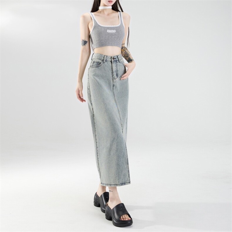 浅色牛仔半身裙女2025年夏季新款设计感开叉高腰中长包臀裙子,女包手腕包,星座1210-1