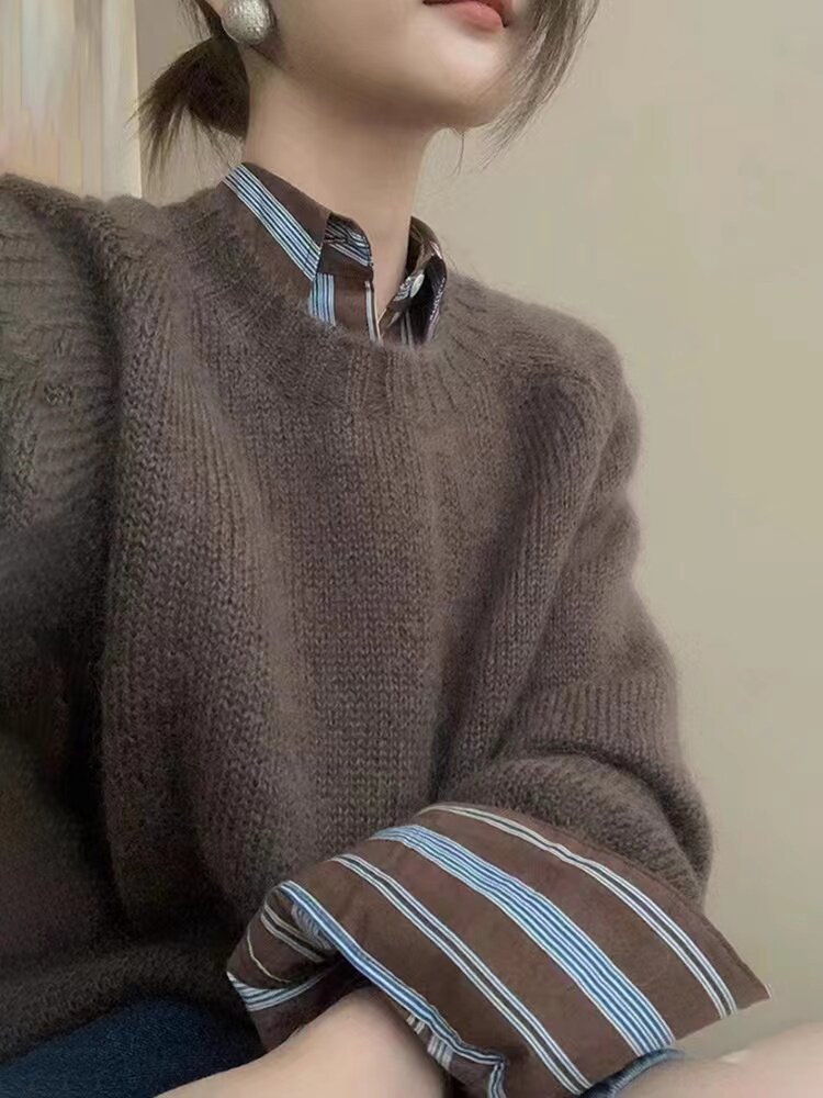 针织衫女圆领羊毛衫秋冬宽松短款毛衣长袖内搭打底衫,女装羊毛衫,恩泰羊绒