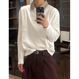系假两件拼接格纹Polo长袖衬衫套头卫衣秋抗皱风翻领男 TY501图片