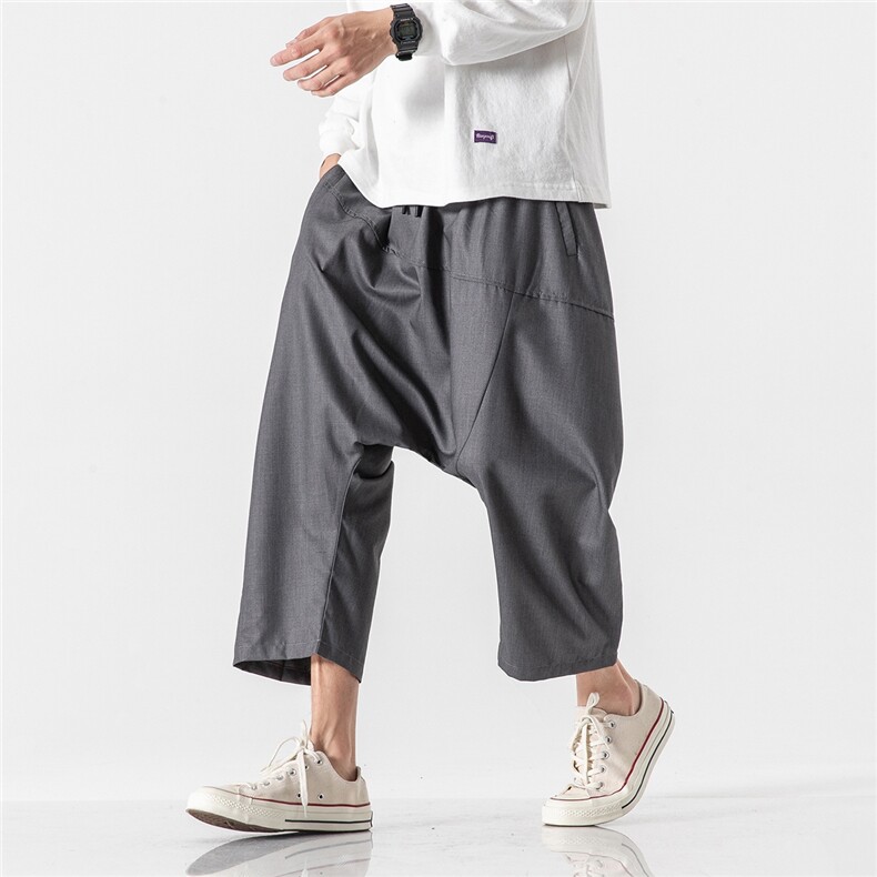 大码港风八分低裆垮裤休闲宽松日系直筒阔腿西裤新中式K104/P65，男装西裤，钱塘713