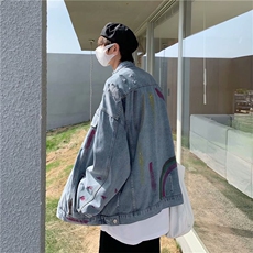 破洞牛仔夹克男韩版潮牌高街泼墨情侣外套春秋款宽松时尚百搭上衣，男装工装外套，星座1210-1