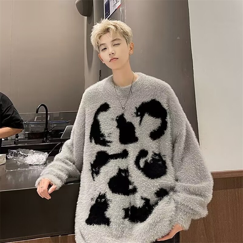 美式复古设计感猫咪圆领毛衣男秋冬季情侣软糯百搭针织衫M5718图片