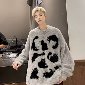 美式复古设计感猫咪圆领毛衣男秋冬季情侣软糯百搭针织衫M5718图片