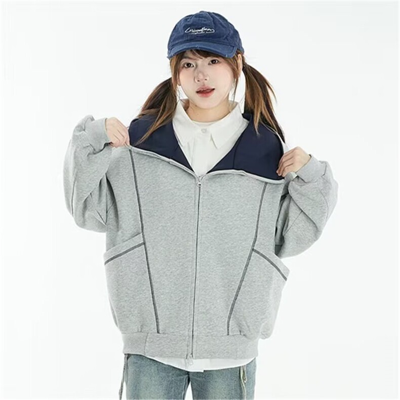 F39-P54潮牌美式重磅连帽拉链开衫外套明辑线廓形空气层卫衣，女装短外套，电商B323A