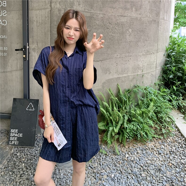 现货条纹翻领包肩衬衫+松紧腰短裤两件套2C239-H90-P145-K218,女装套装/套裙,2C239