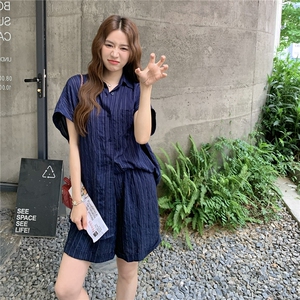 现货条纹翻领包肩衬衫+松紧腰短裤两件套2C239-H90-P145-K218图片
