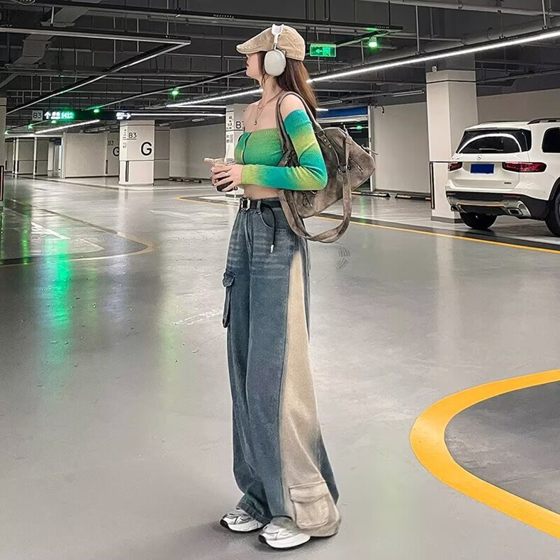 2025新款重工立体口袋美式复古水洗黄直筒工装酷帅牛仔裤女阔腿裤,女装牛仔裤,星座218-8