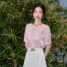 现货2025年夏季设计感圆领气质简约百搭显瘦遮肉衬衫，女装衬衫，火爆靓佳人