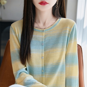 时髦渐变条纹针织开衫女微透外穿薄防晒衣小个子短外套上衣2025新图片