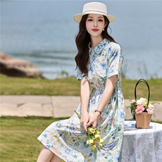 时尚舒适印花连衣裙2026夏季新款显瘦修身棉麻裙子2730，女装连衣裙，罗得堡