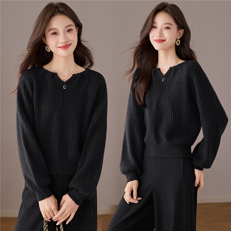慵懒风V领镂空细闪慵懒针织衫欧洲站2025秋季新款韩系别致上衣女,女装羊毛衫,艾米