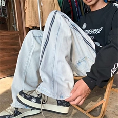 美式潮高街裤男拉链开叉牛仔裤秋冬欧美微喇直筒裤N0575-P50，男装牛仔裤，星座308B-1