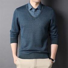 秋冬新款中年男士加绒假两件打底衫男休闲针织毛衣上衣HPNV32-P85,男装针织衫/毛衣,电商B212（原钱塘6029）