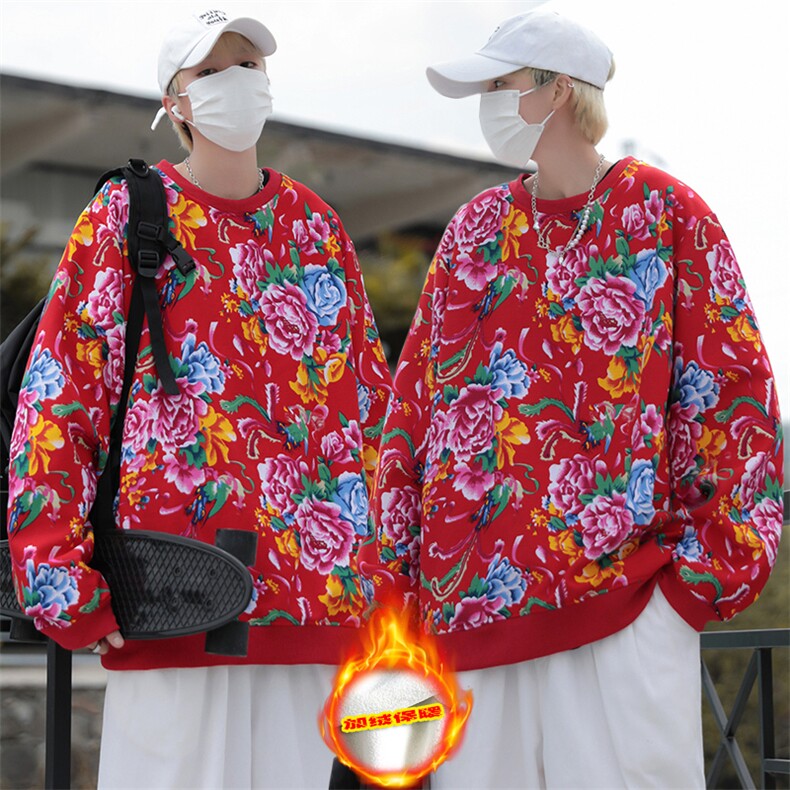 B203冬新套头圆领东北大花风民族特色加绒保暖卫衣小衫男女潮,男装卫衣,星座115A(原星座507）