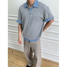 藏青色假两件拼接格纹POLO衫男夏季宽松休闲新款短袖t恤TS091，男装T恤，星座1116A（原606A-3）