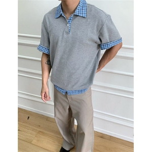 藏青色假两件拼接格纹POLO衫男夏季宽松休闲新款短袖t恤 TS091图片