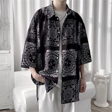 夏装男印花冰丝短袖衬衫青少年潮流宽松碎花衬衣A071-C16-P35，男装衬衫，电商A071