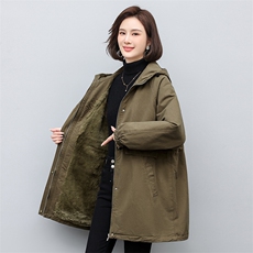 2025年冬季时尚潮流中长款休闲加绒加厚派克服，女装棉衣/棉服，天丽