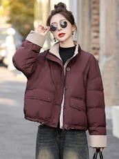 时尚拼色立领短款羽绒服女2024冬季小个子超好看面包服白鸭绒外套，女装羽绒服，美沁