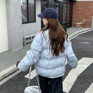 CC088-P85 蓝色条纹棉袄蝴蝶结棉服外套女秋冬保暖宽松立领面包服图片