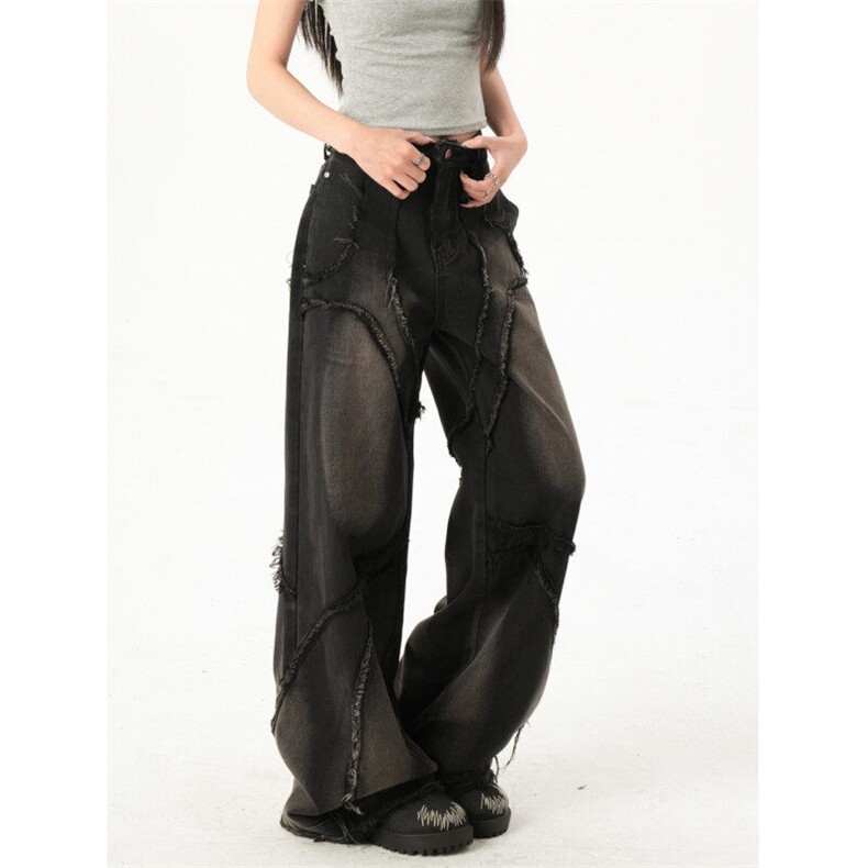 2010-P65解构重工水洗做旧牛仔裤直筒宽松流苏阔腿拖地裤，男装牛仔裤，电商A306A