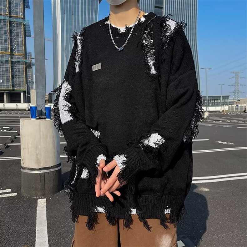不规则破洞圆领针织衫男秋冬季街头慵懒风宽松情侣毛衣M7178,男装针织衫/毛衣,星座1116A-1（原606A）