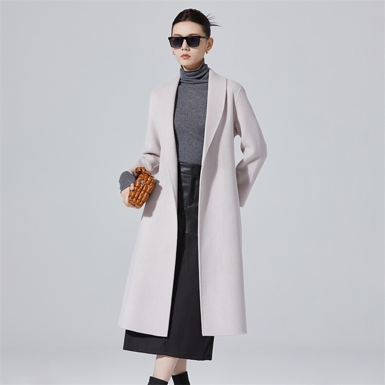 羊毛女士青果领中长款纯色羊毛大衣,女装毛呢外套,高哲羊绒