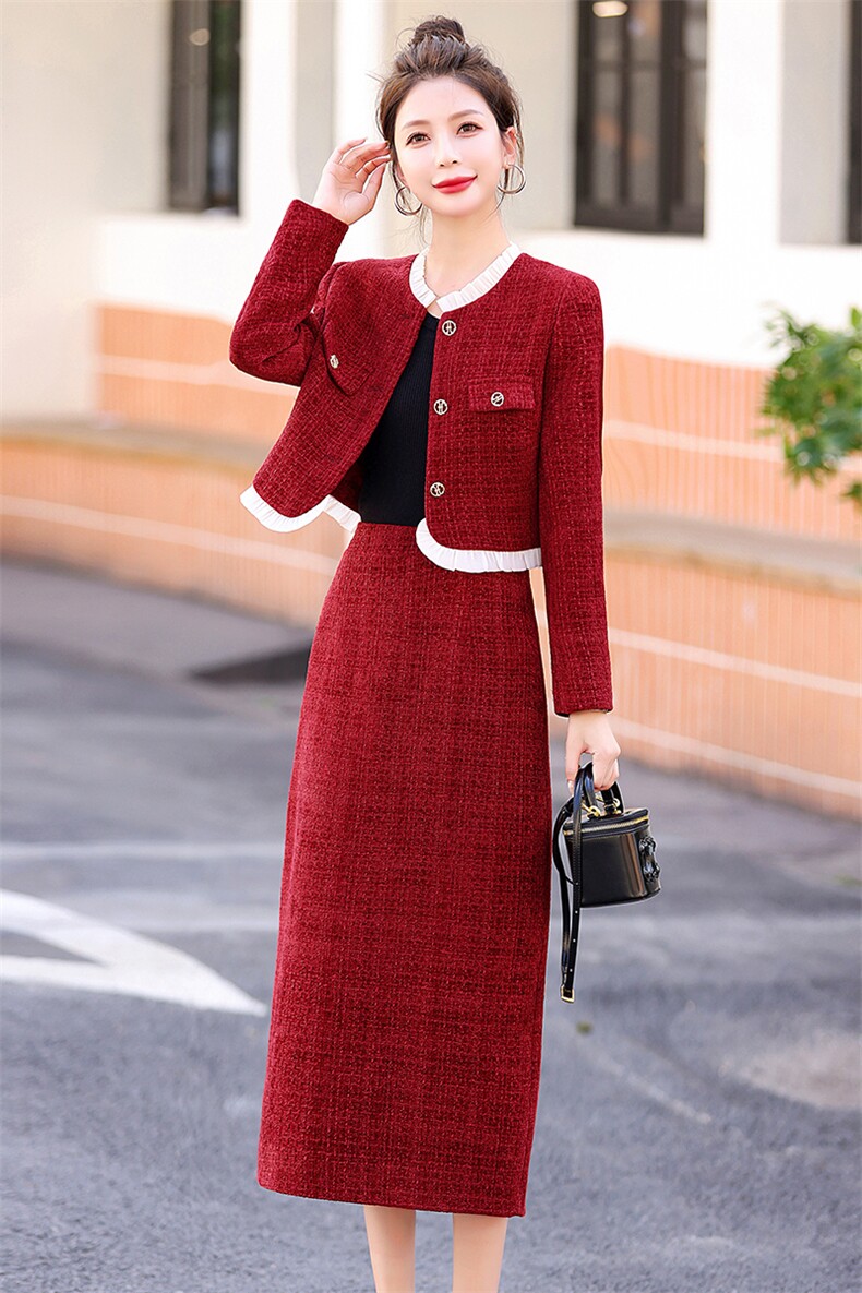 早春红色小香风套装连衣裙女春秋时尚高级感名媛订婚半身裙两件套,女装套装/套裙,兰菲阁