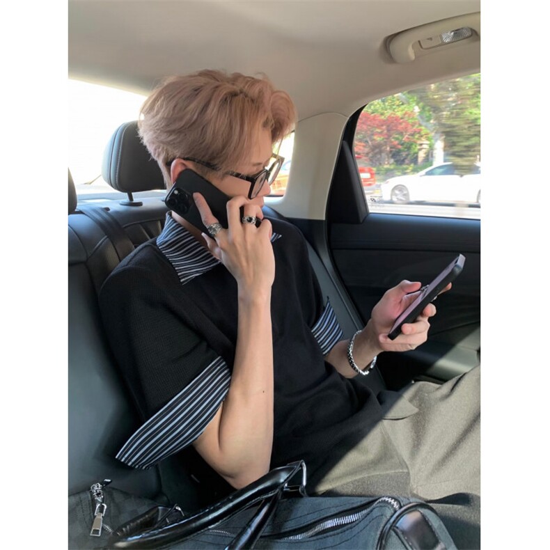 得物抖音高品质二开夏季美式潮牌假两件条纹衬衫翻领高街短袖T恤,男装T恤,电商A486