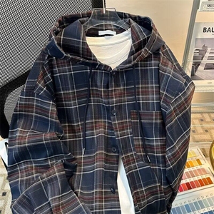 美式复古格纹连帽长袖衬衫外套男女潮流宽松休闲百搭慵懒情侣上衣