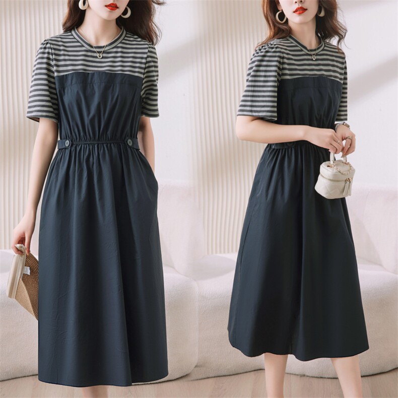 时尚显瘦条纹拼接连衣裙女夏季新款气质优雅修身中长款裙子，女装连衣裙，利佳可人