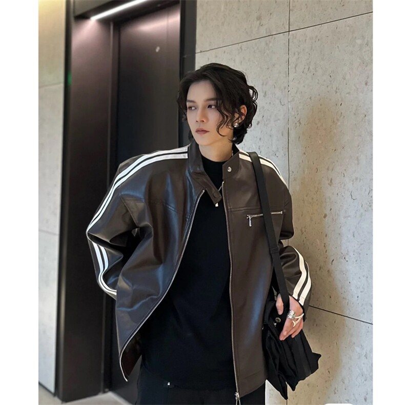 美式复古机车服皮衣条纹拼接美拉德外套潮牌JW836-P68,男装夹克,星座1109-3