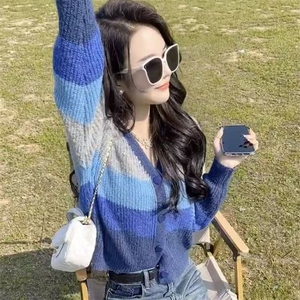 条纹撞色休闲时尚V领开衫图片