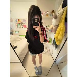 日系气质文艺无品牌韩版撞色三条杠短袖t恤女夏上衣潮流新款原宿图片