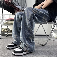 潮男小众牛仔裤男款春秋季小众设计感直筒阔腿潮牌炸街痞帅长裤子，男装牛仔裤，星座1013