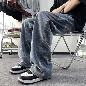 潮男小众牛仔裤男款春秋季小众设计感直筒阔腿潮牌炸街痞帅长裤子图片