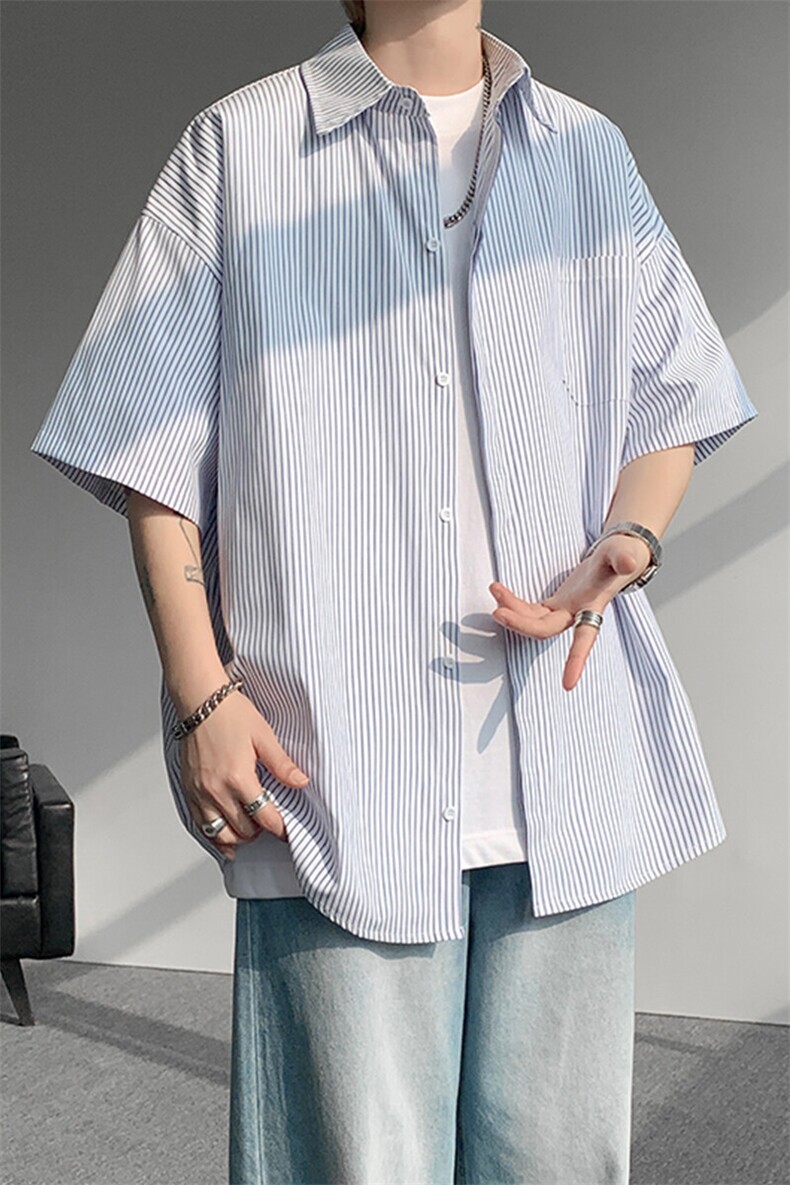 8XL-M条纹短袖衬衫男夏季宽松慵懒风痞帅大码衬衣外套DC28001P40,男装衬衫,电商B312