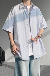 8XL-M 条纹短袖衬衫男夏季宽松慵懒风痞帅大码衬衣外套DC28001P40图片