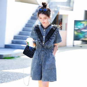 时尚显瘦牛仔连体裤女夏季新款韩版宽松高腰短袖休闲裤学生百搭潮图片