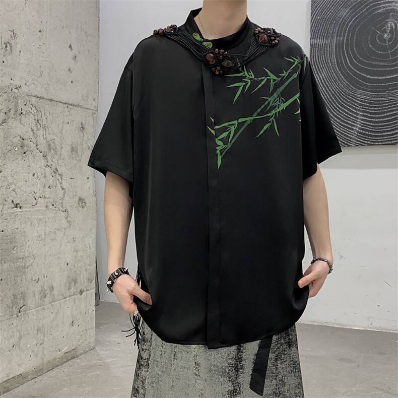 夏装到货新中式小众竹子冰丝印花短袖衬衫男女大码长袖衬衣图片