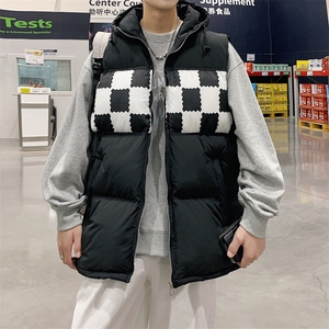 2026秋冬连帽格子拼接羽绒棉马甲背心手塞棉 MJ17555/P75 黑色3图片