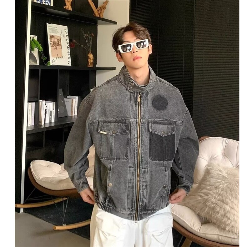 复古做旧重磅水洗牛仔外套男士立领休闲夹克百搭潮牌工装机车上衣图片