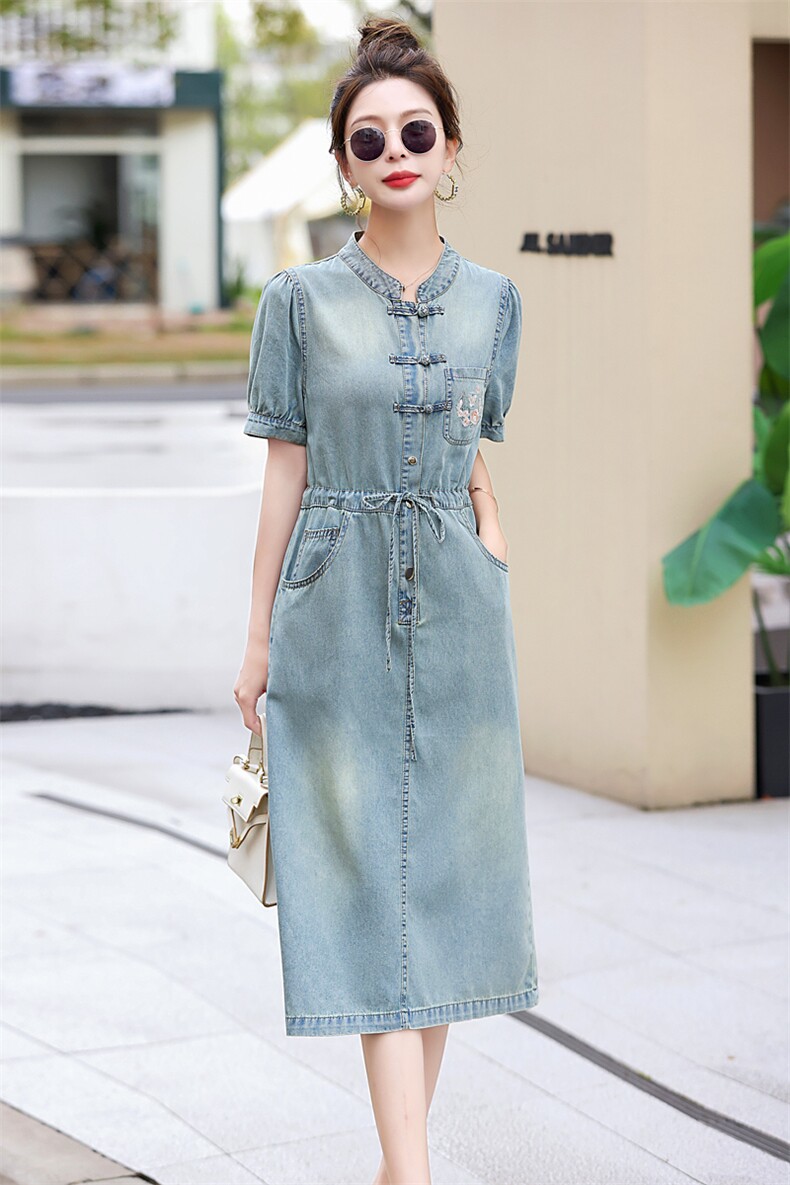 新中式G风牛仔连衣裙女2026夏季款时尚洋气薄款收腰显瘦短袖裙子,女装连衣裙,意芙